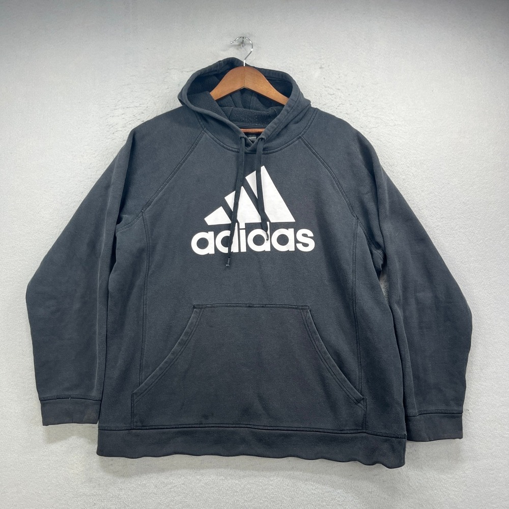 Adidas Hoodie Men XL Black Logo Pullover Fleece Sweatshirt Activewear Streetwear